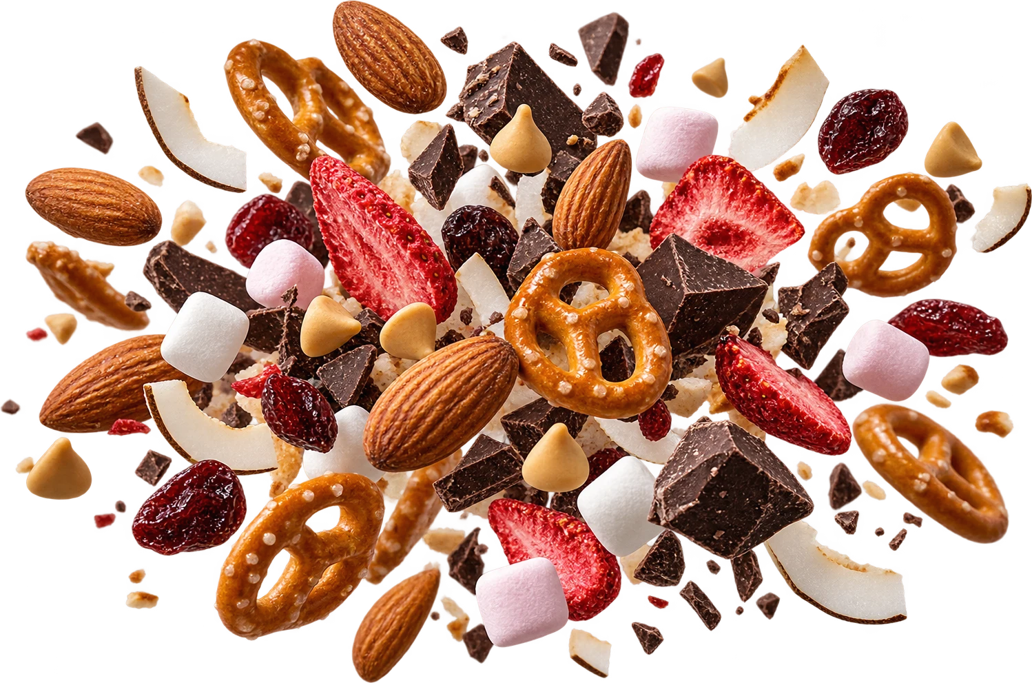 Sea salt almonds, dark chocolate chunks, freeze-dried strawberries, mini pretzels, marshmallows, dried cherries and coconut chips, mid-air